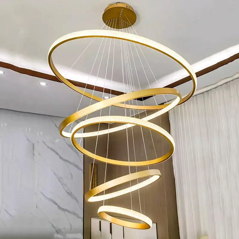 Modern gold ring crystal chandelier stair pendant lamp living room