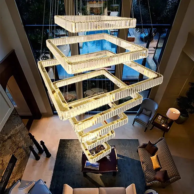 Modern gold cascading crystal chandelier stair pendant lamp