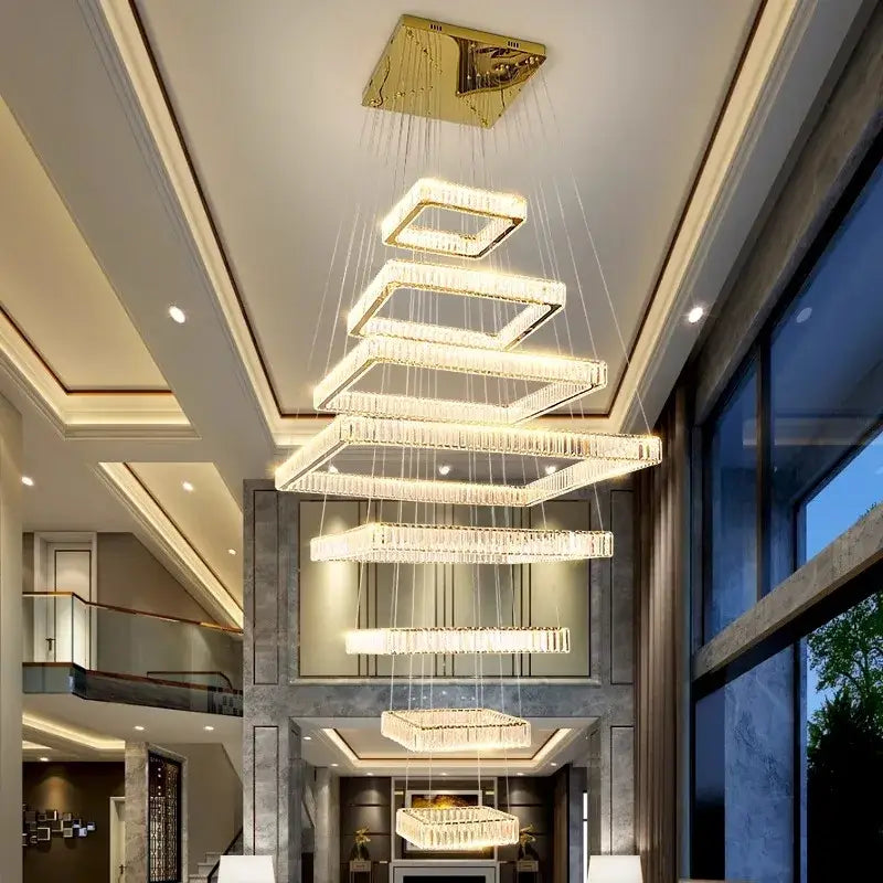 Modern gold cascading crystal chandelier stair pendant lamp