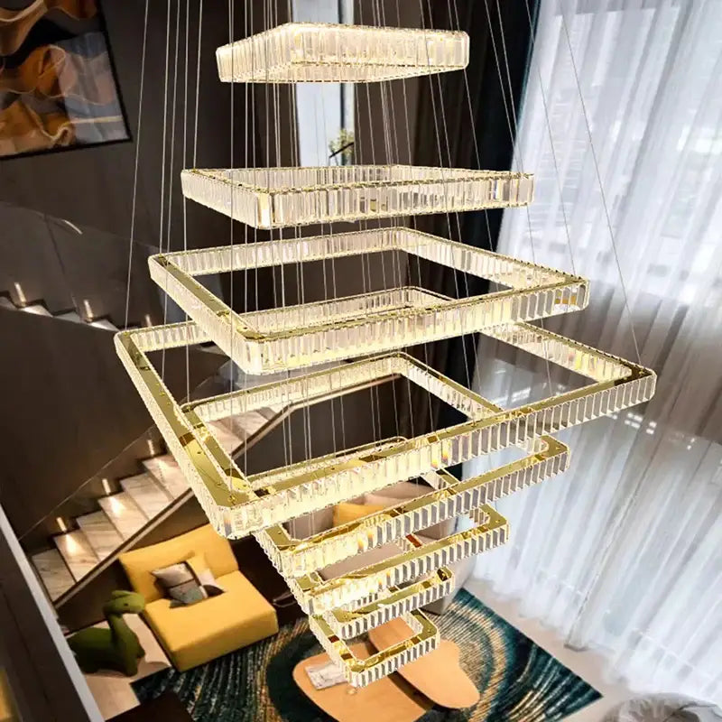 Modern gold cascading crystal chandelier stair pendant lamp