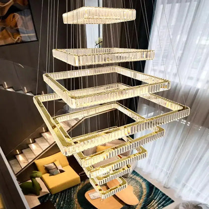 Modern gold cascading crystal chandelier stair pendant lamp