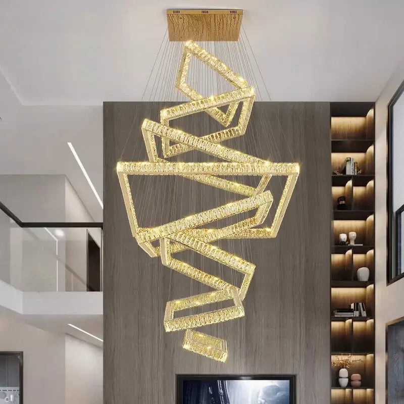 Modern golden geometric crystal chandelier stair pendant living room
