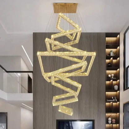 Modern golden geometric crystal chandelier stair pendant living room