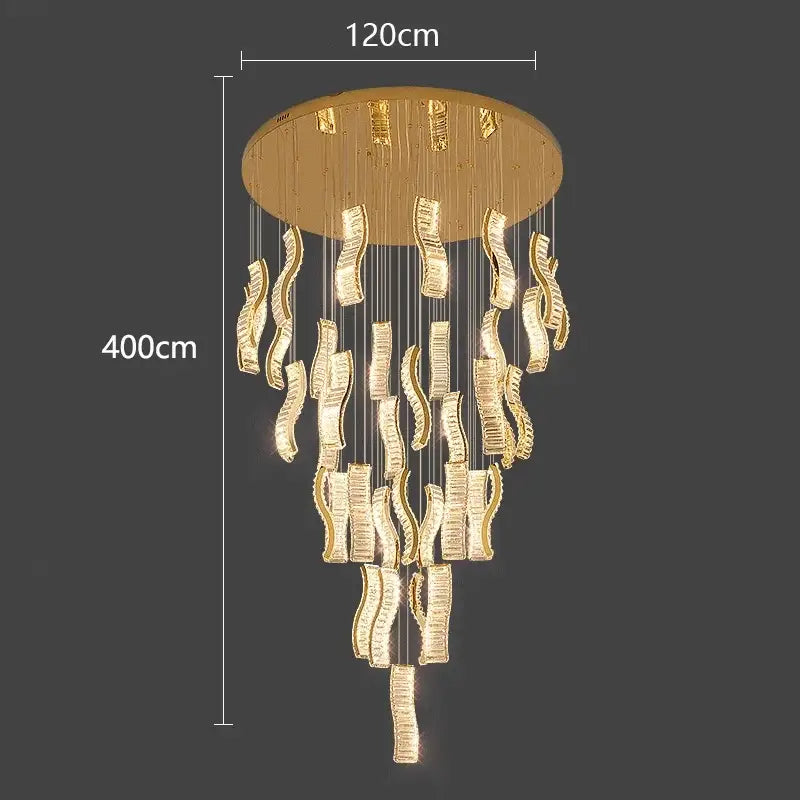 Modern golden wave crystal chandelier stair pendant light living room