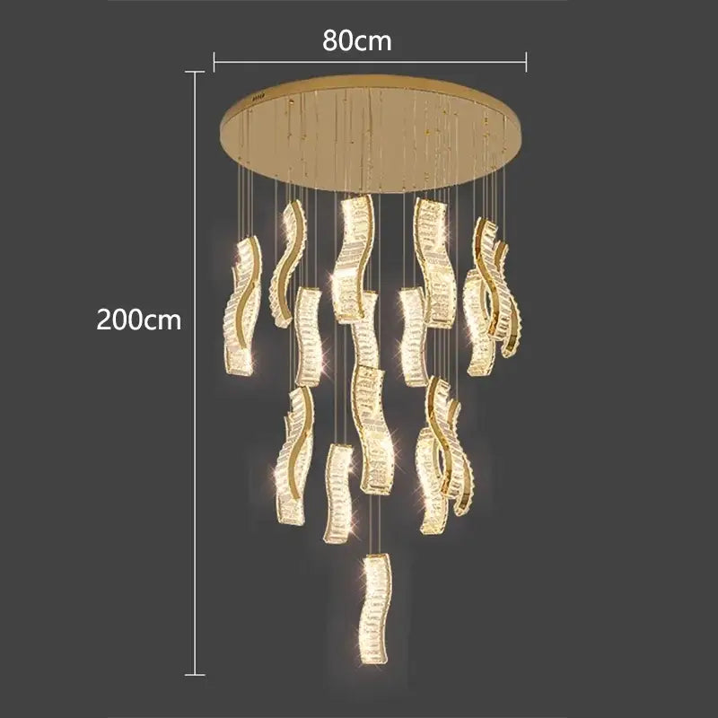 Modern golden wave crystal chandelier stair pendant light living room