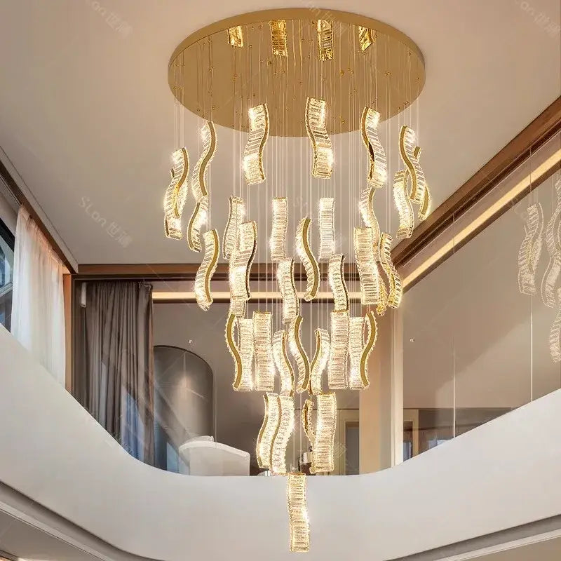 Modern golden wave crystal chandelier stair pendant light living room