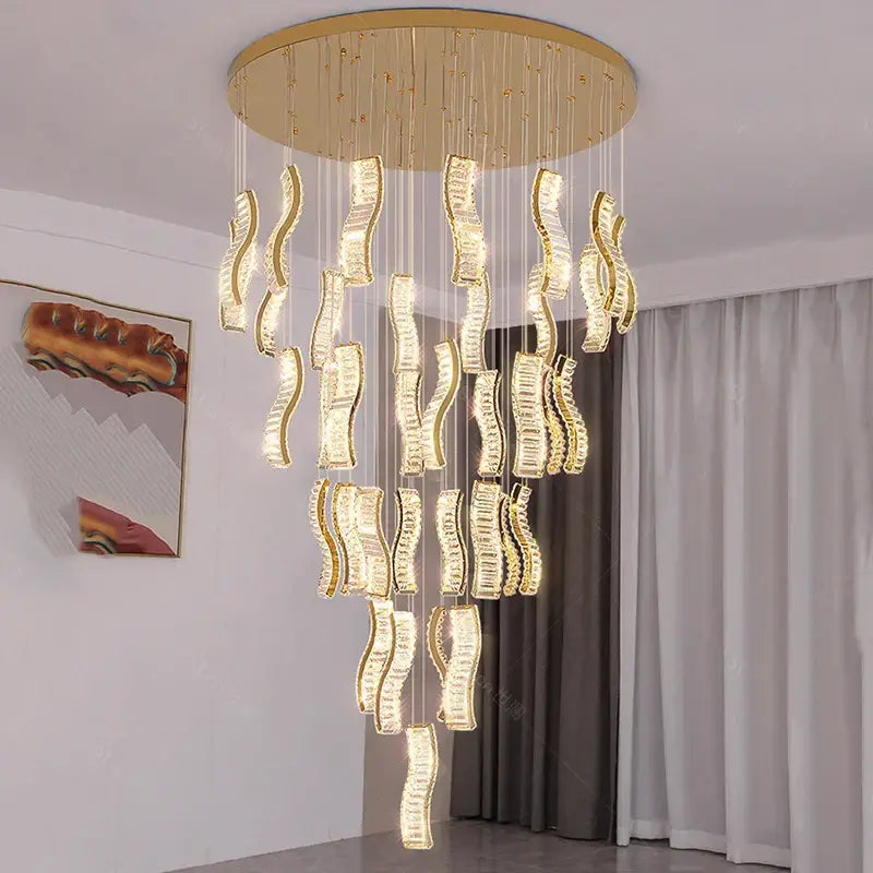 Modern golden wave crystal chandelier stair pendant light living room