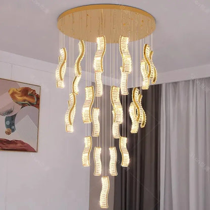 Modern golden wave crystal chandelier stair pendant light living room