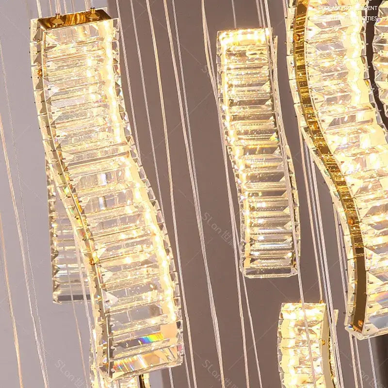 Modern golden wave crystal chandelier stair pendant light living room