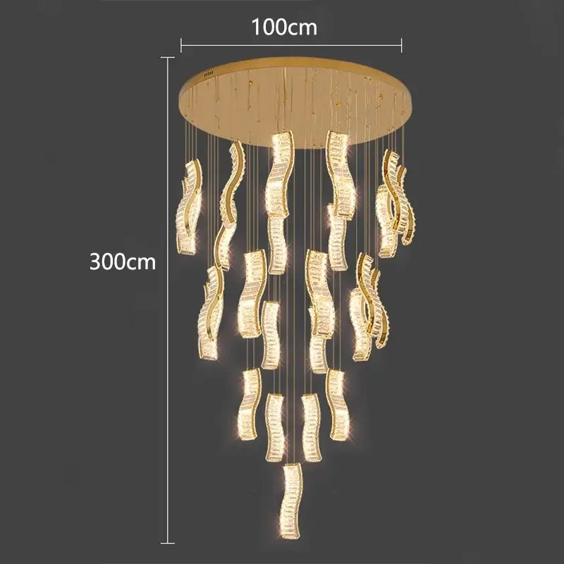 Modern golden wave crystal chandelier stair pendant light living room