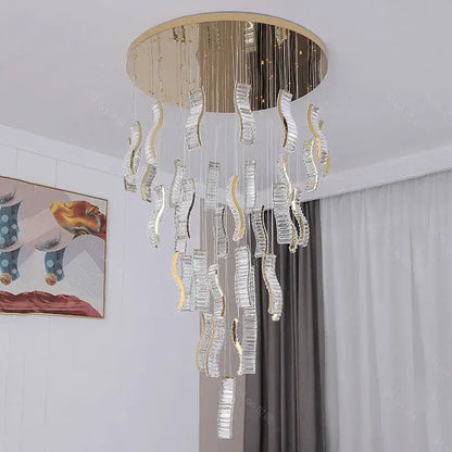 Modern golden wave crystal chandelier stair pendant light living room