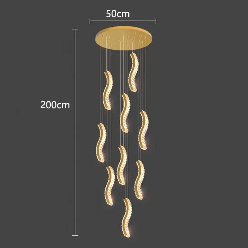 Modern golden wave crystal chandelier stair pendant light living room