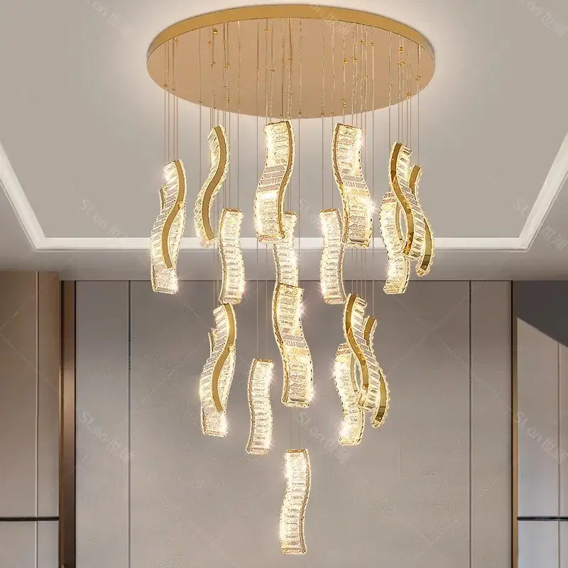 Modern golden wave crystal chandelier stair pendant light living room