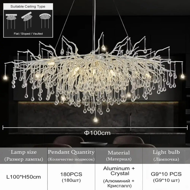 Modern aluminum raindrop crystal chandelier dining room light fixture