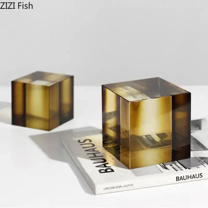 crystal cube golden translucent sculpture living room decor