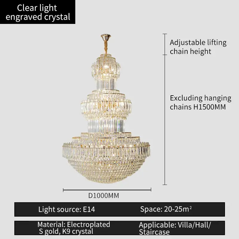 crystal duplex gold chandelier for hotel and living room