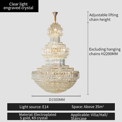 crystal duplex gold chandelier for hotel and living room