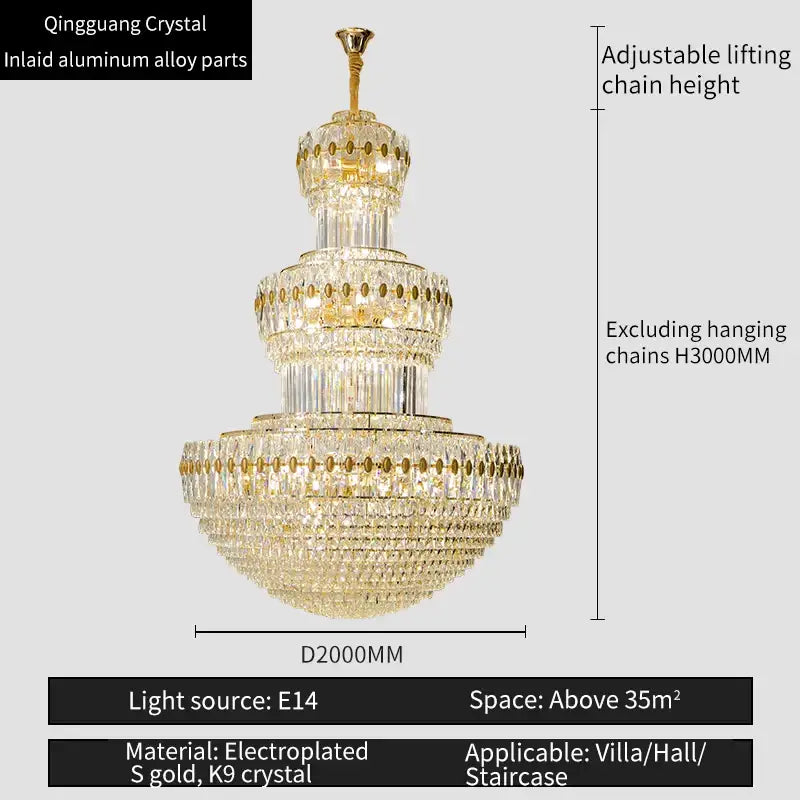crystal duplex gold chandelier for hotel and living room