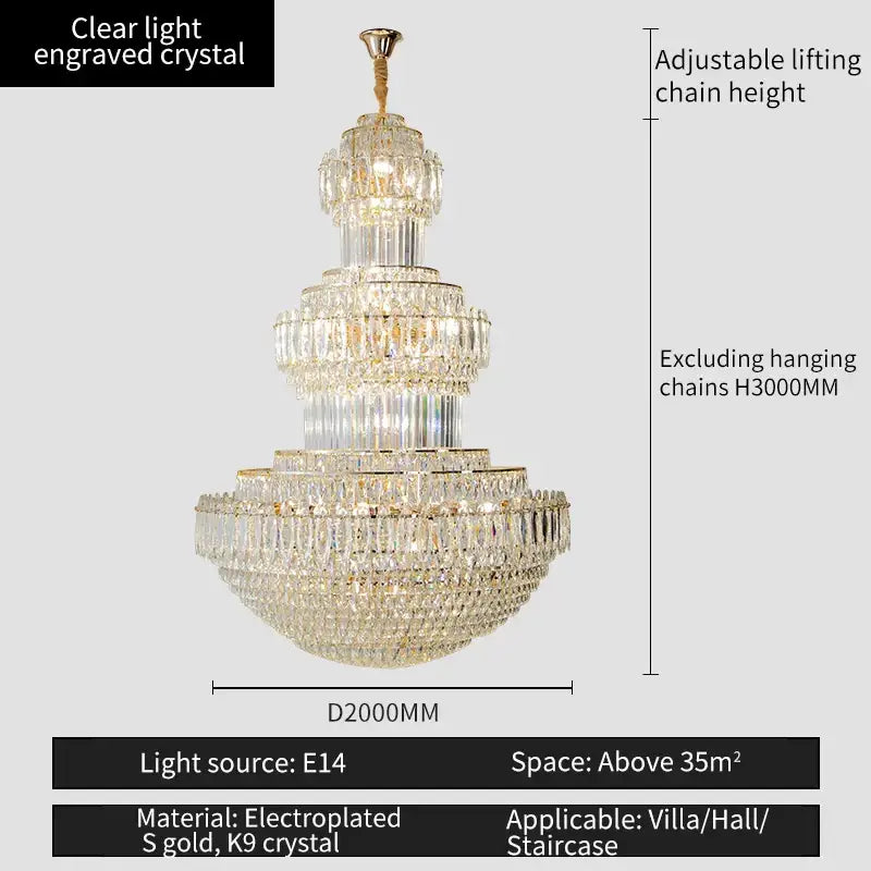 crystal duplex gold chandelier for hotel and living room
