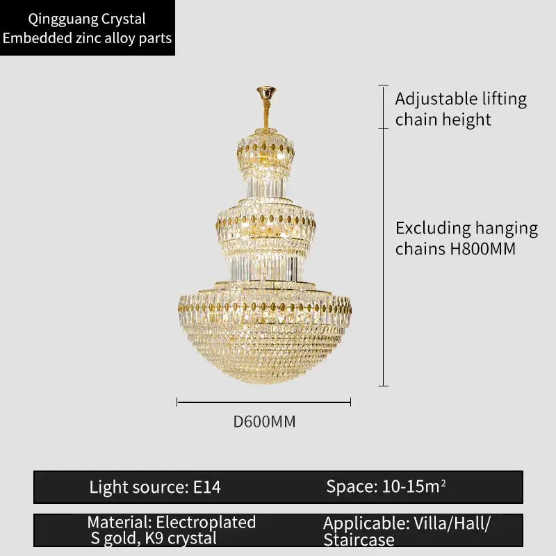 crystal duplex gold chandelier for hotel and living room