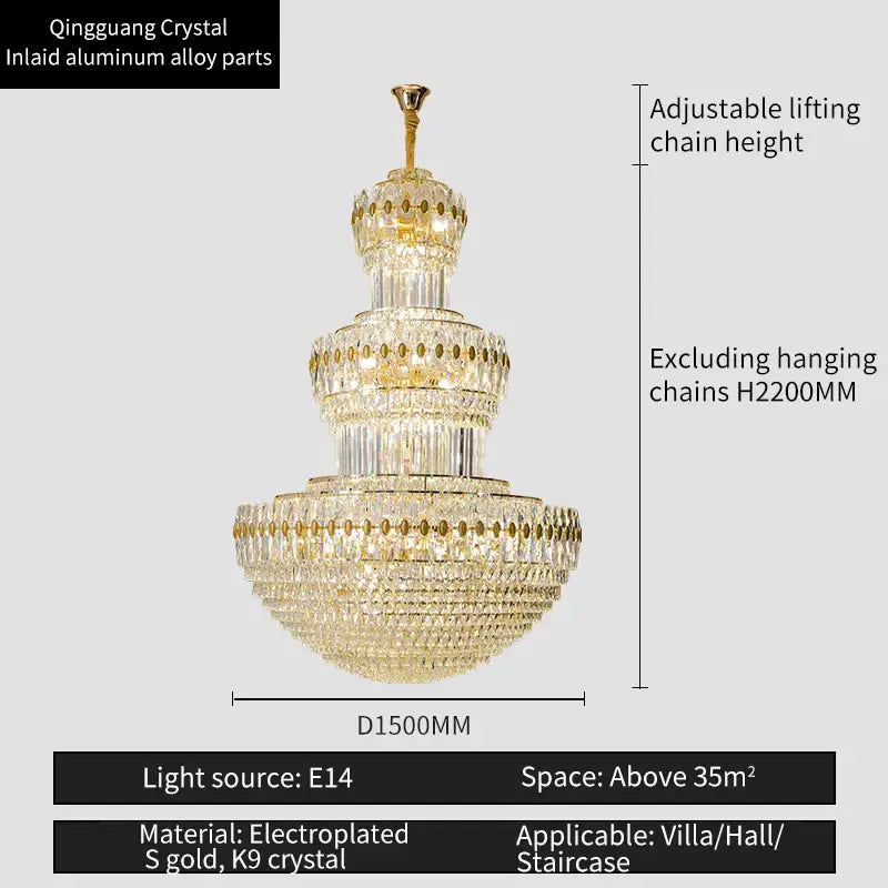crystal duplex gold chandelier for hotel and living room