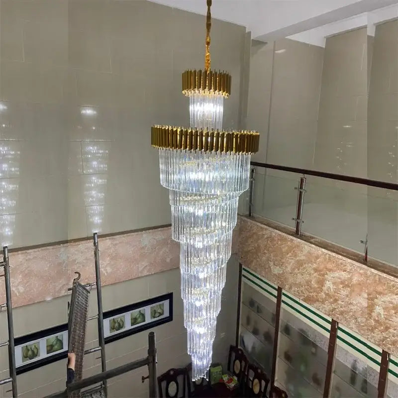 crystal led multi-layer staircase chandelier black & gold