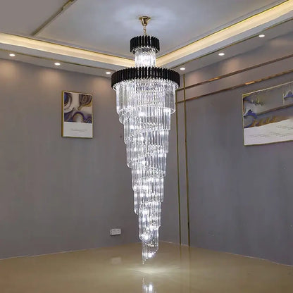 crystal led multi-layer staircase chandelier black & gold