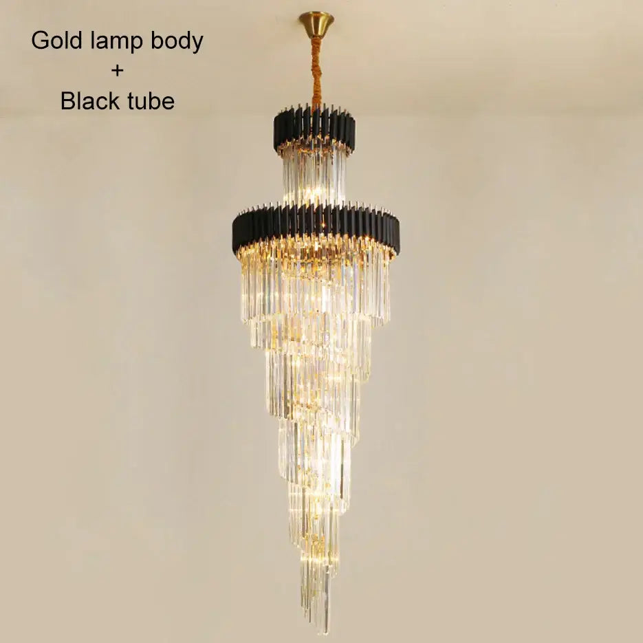 crystal led multi-layer staircase chandelier black & gold
