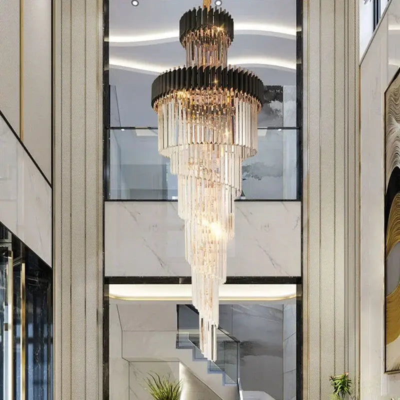 crystal led multi-layer staircase chandelier black & gold