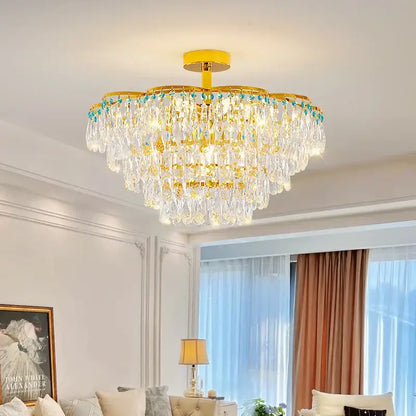 Post-modern gold and turquoise crystal light chandelier dining room