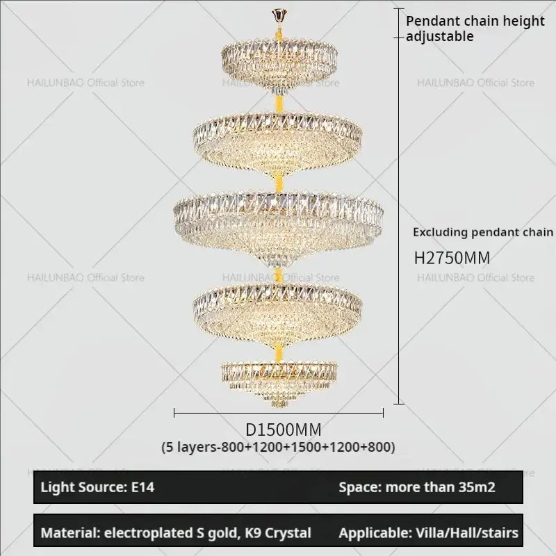 Modern gold multi tiered crystal living room chandelier