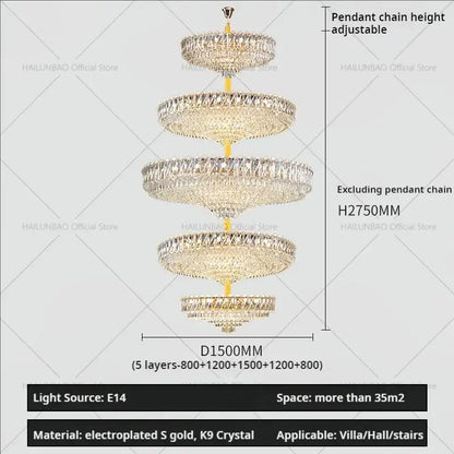 Modern gold multi tiered crystal living room chandelier
