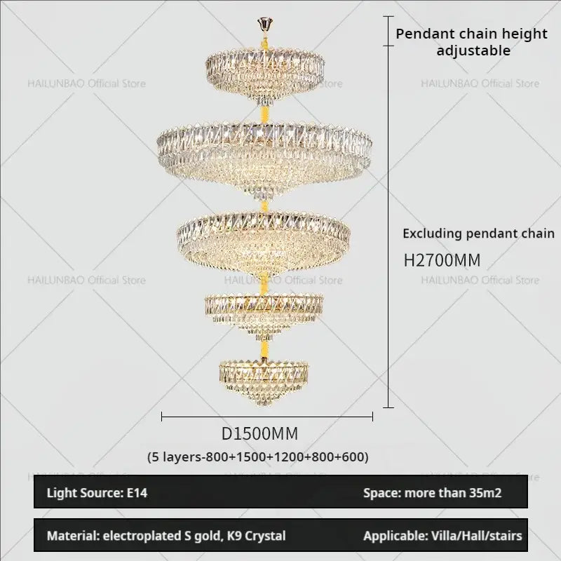Modern gold multi tiered crystal living room chandelier