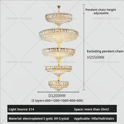 Modern gold multi tiered crystal living room chandelier