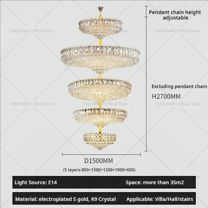 Modern gold multi tiered crystal living room chandelier