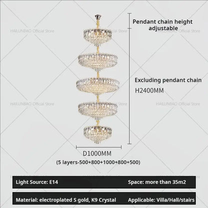 Modern gold multi tiered crystal living room chandelier