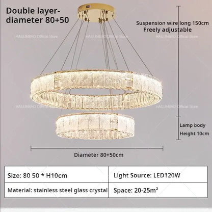 Modern gold double ring crystal living room chandelier