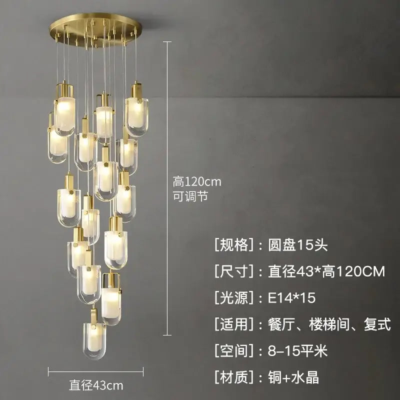 Modern gold cascading crystal loft chandelier for living room