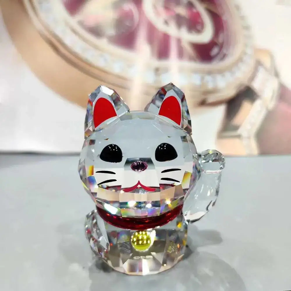 Faceted crystal lucky cat figurine living room decor