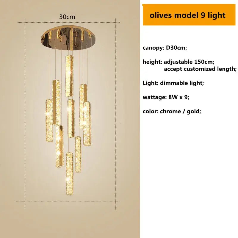 Modern gold crystal lustre pendant lights for dining room dimmable