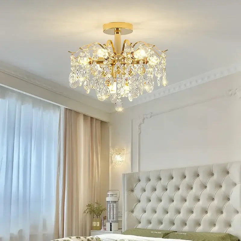 Crystal luxe led gold chandelier for living room glass droplets