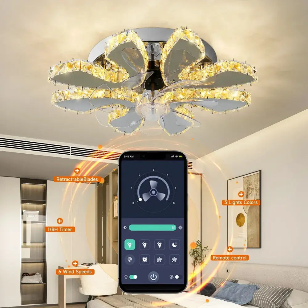 Modern crystal luxury ceiling fan gold & chrome living room led chandelier