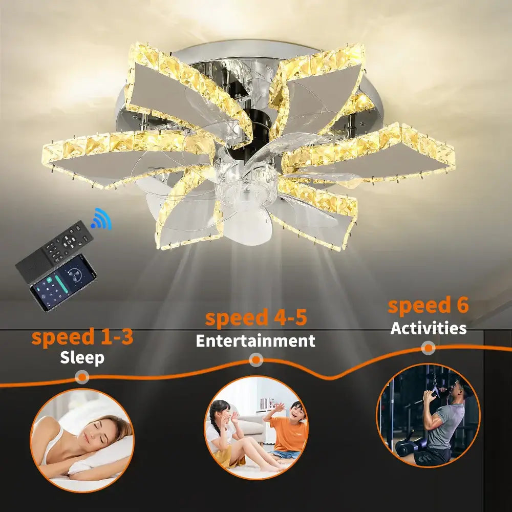 Modern crystal luxury ceiling fan gold & chrome living room led chandelier