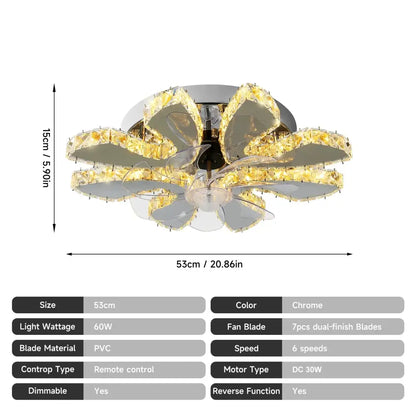 Modern crystal luxury ceiling fan gold & chrome living room led chandelier
