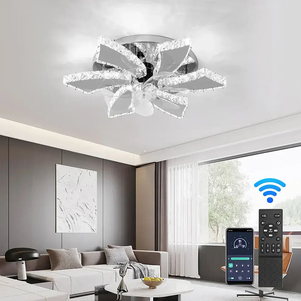Modern crystal luxury ceiling fan gold & chrome living room led chandelier