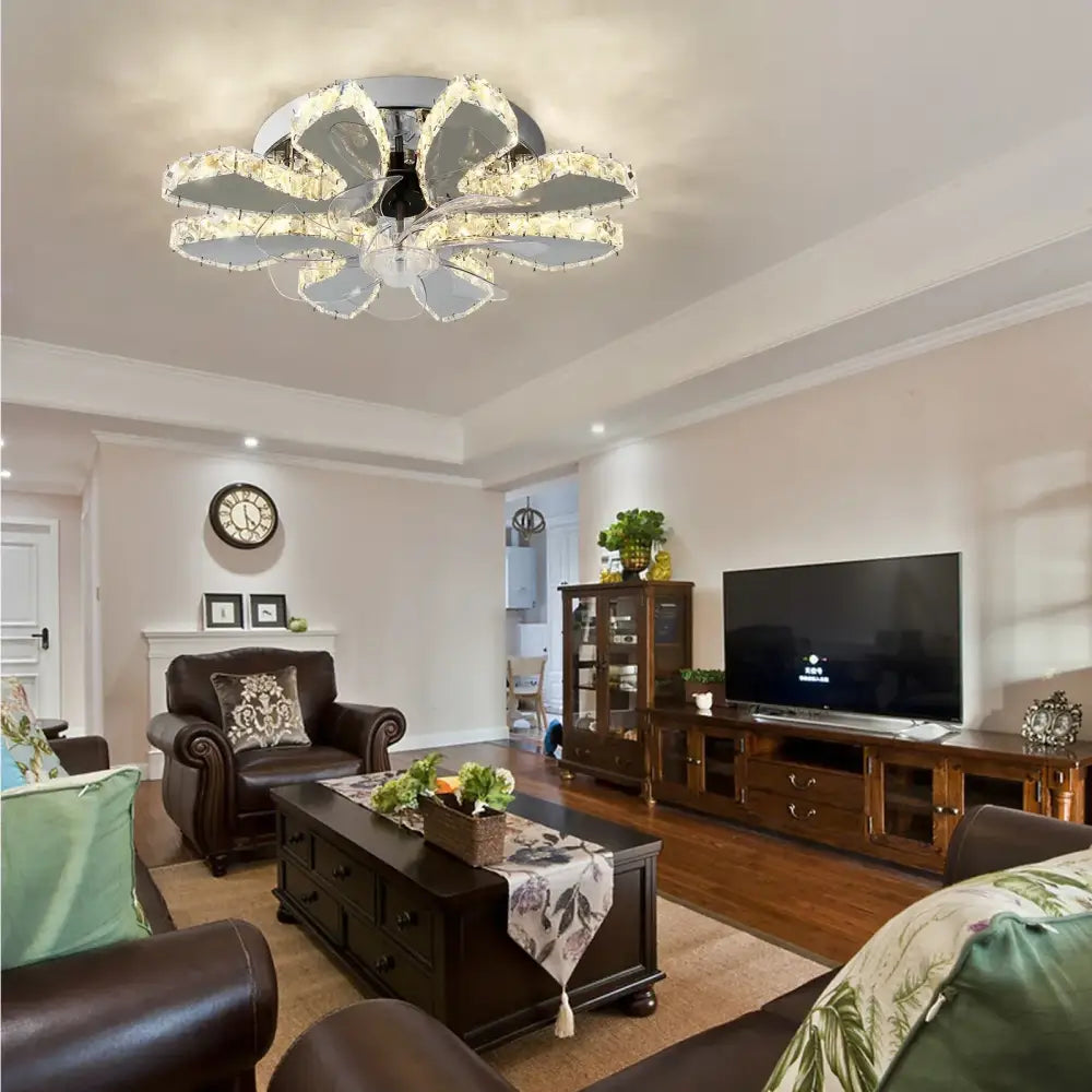 Modern crystal luxury ceiling fan gold & chrome living room led chandelier