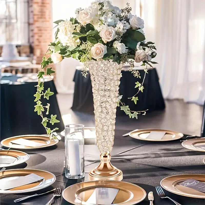 Crystal encrusted gold vases with pink & purple roses dining room decor