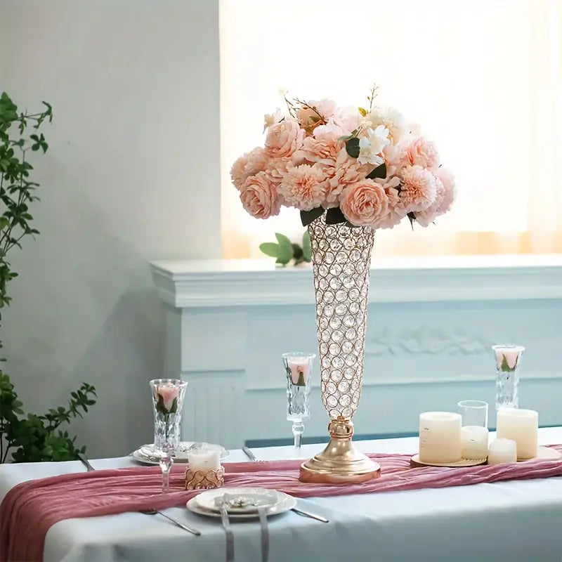 Crystal encrusted gold vases with pink & purple roses dining room decor