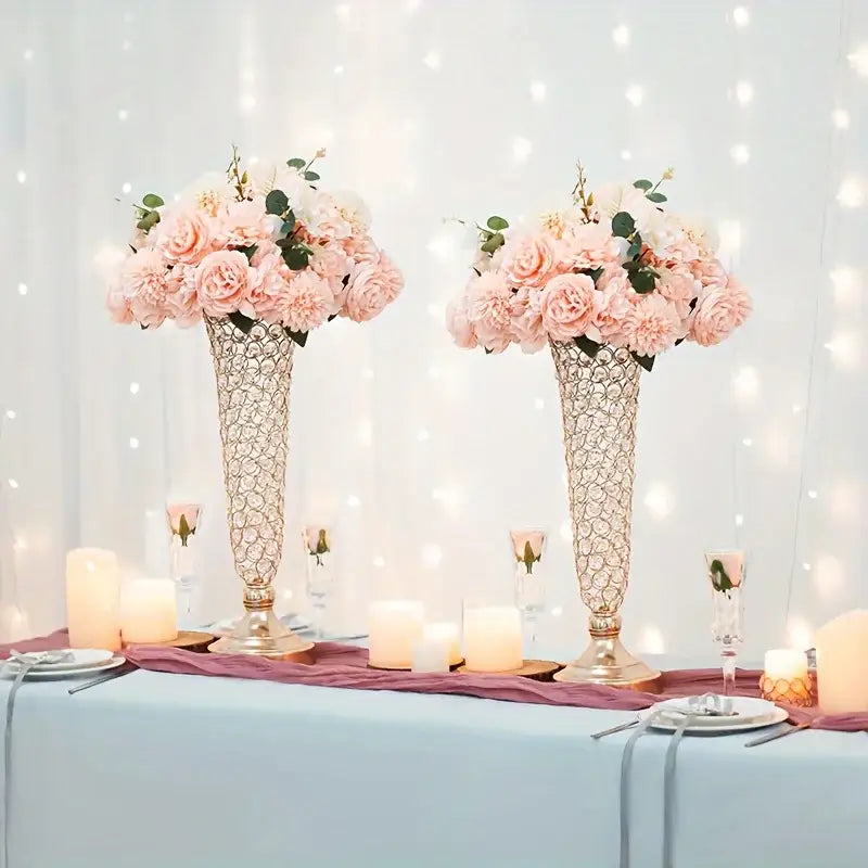 Crystal encrusted gold vases with pink & purple roses dining room decor
