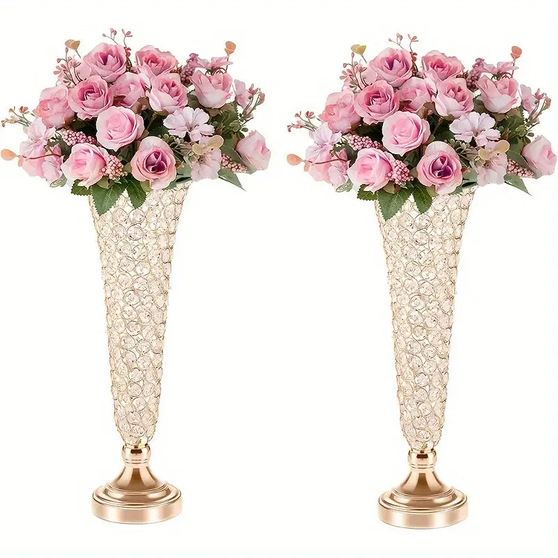 Crystal encrusted gold vases with pink & purple roses dining room decor